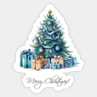 Vintage Blue Christmas Tree Watercolor Art Sticker